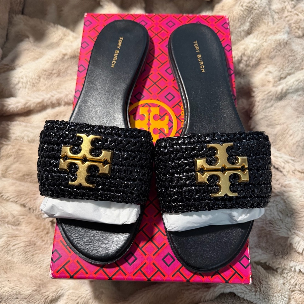 Tory Burch Black Raffia Slide